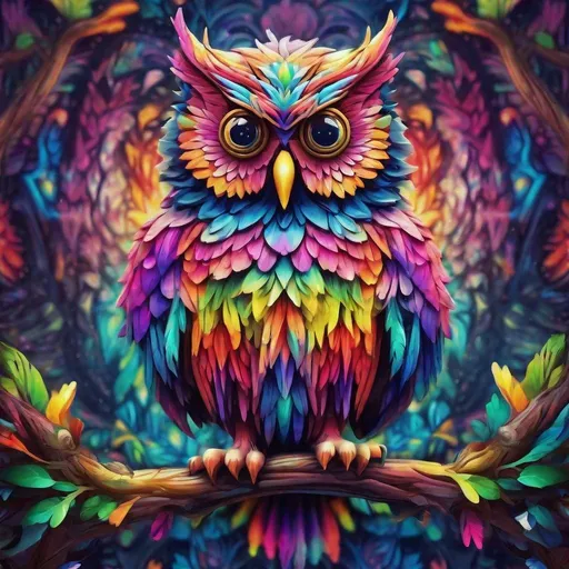 Prompt: colorful owl:1.3) sitting on top of a tree branch, a detailed painting, by Justin Gerard, behance contest winner, (psychedelic art:1.0), amoled wallpaper, symmetric beauty, shining rainbow feathers, anna dittman, vivid cartoony colors, colourful close up shot, rich deep vibrant colors, symmetric art, made entirely from gradients, how pretty