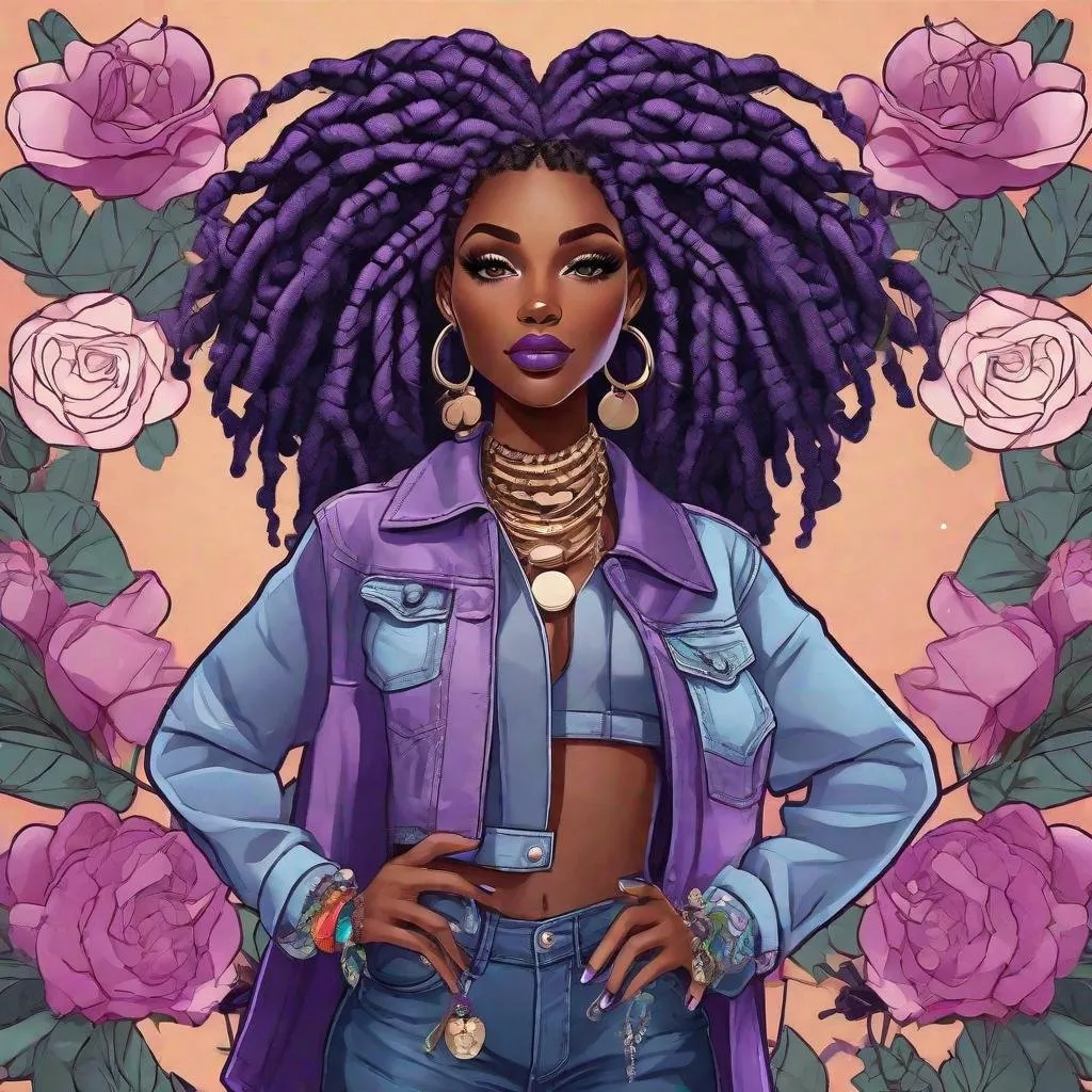 Prompt: kawaii, anime style character design of stunningly beautiful African American woman model with styled locs, with hyper realistic facial features wearing purple and denim with matching jewelry and heels, boss girl influence, hyper realistic, floral flat background