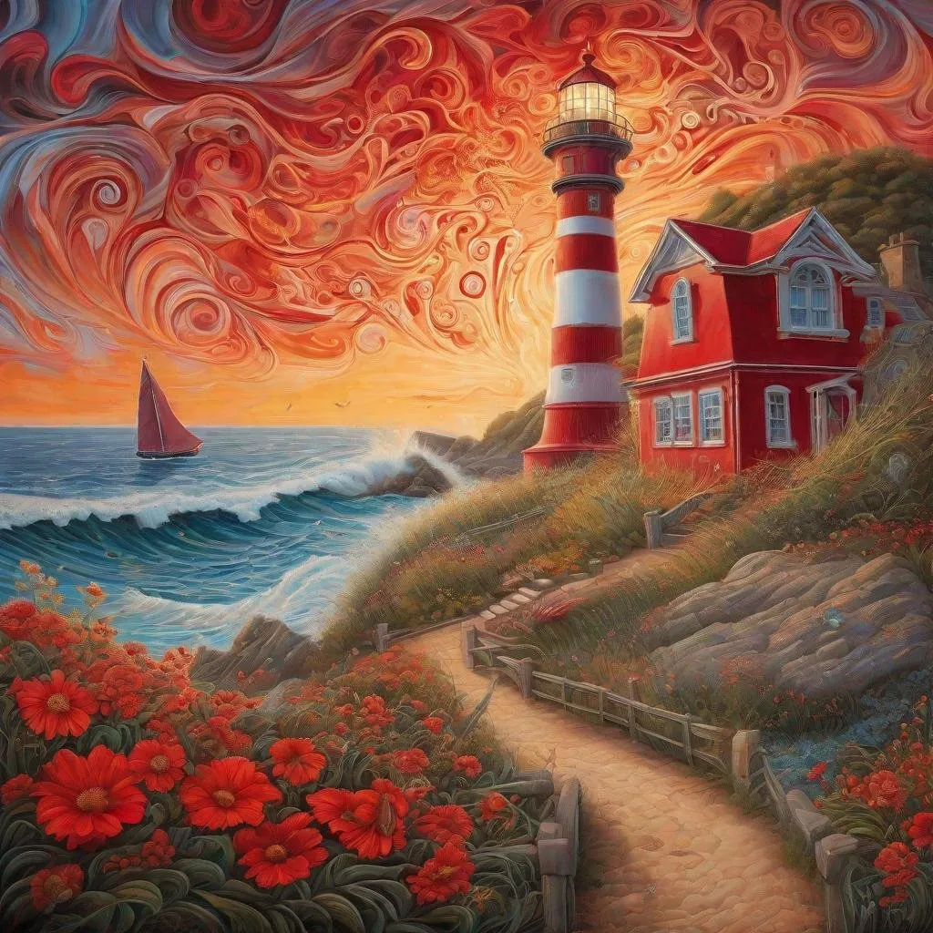 Prompt: a painting of a lighthouse and a small red house in the background, a detailed painting, by Rob Alexander, psychedelic art, swirling fire, intricate golden hour, seaside, beautiful painting, journey, depicting a flower, leading to a beautiful, detailed hd, near the seashore, stunning detailed image, beautiful depiction