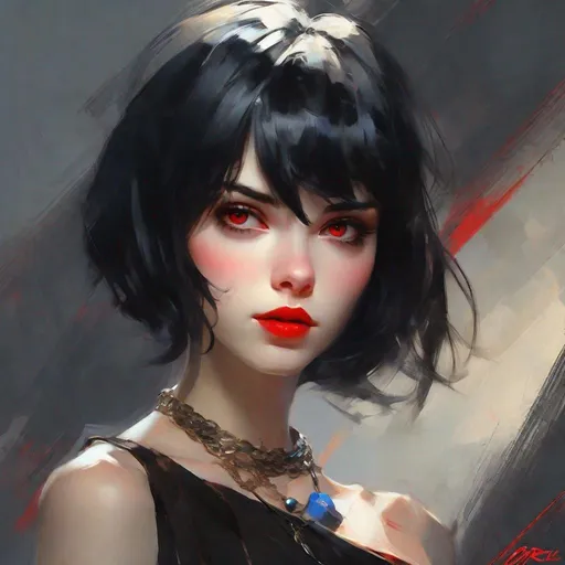 Prompt: a woman big blue eyes. long eyelashes, short black hair, red lips   with a necklace on her neck, artwork in the style of guweiz,  masterpiece, l character painting, detailed  model  artgerm, realistic anime 3 d, art style by Rolf Armstrong , pixiv artstation