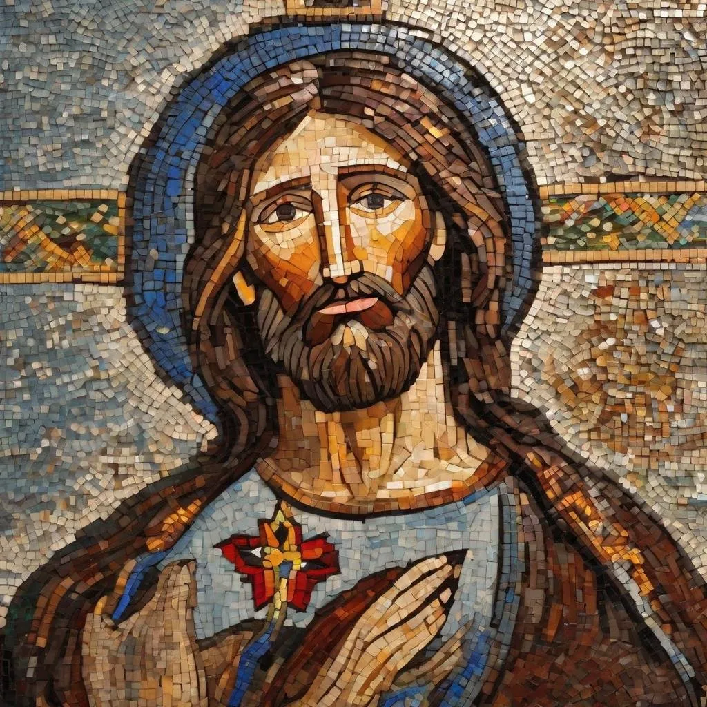 Prompt: Jesus The Christ: Daughter, Let me hug you in the middle of the storm. Let me comfort you in the midst of sadness. Let me be your friend in the midst of loneliness. Let me carry your cross when you feel like you can't take it anymore intricate, in the style of mosaic- art, mosaic, mosaic tiles, energetic and bold, neo-mosaic, inspired by Antoni Gaudi,