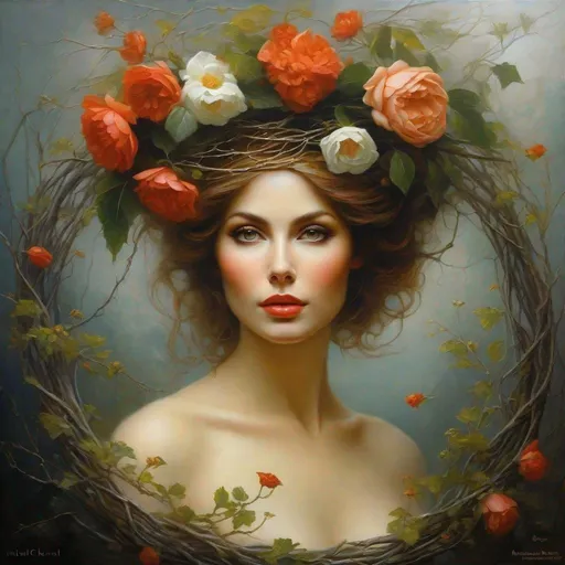 Prompt: Painting of a woman entwined in branches with a wreath of flowers on her head. (Ents) among thick fog Beautiful fantasy art portrait. extremely detailed expressions texture sweet face, flowers swiveling effect, stunning, fantasy art , art by Michael Cheval elemental sci-fi academic art post-impressionism 