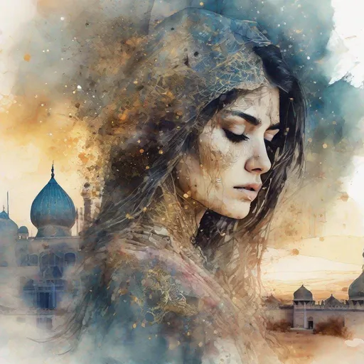 Prompt: Disintegrating double_exposure Digital watercolor illustration of a Persian_maiden, double_exposure arabian_palace starry_night_desert fantasyscape sunset, granular_splatter, airgun_spray, by Waterhouse, Carne Griffiths, Minjae Lee, Ana Paula Hoppe, Stylised watercolour art, Intricate, Complex contrast, HDR, Sharp, soft Cinematic Volumetric lighting, flowery pastel goldenhour colours, wide long shot, perfect masterpiece