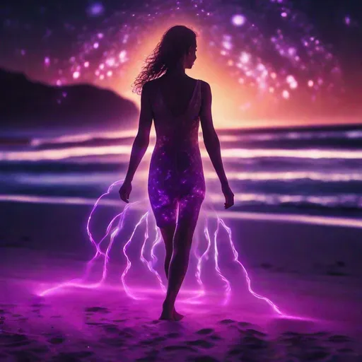 Prompt: Kirlian effect, an electromagnetic field around a awoman walking on the beach at night , captured by a Fujifilm GFX 50R, vibrant illustrations, 32k uhd, subtle gradients, fairytale illustrations, bokeh, dreamy glow, ethereal lighting.