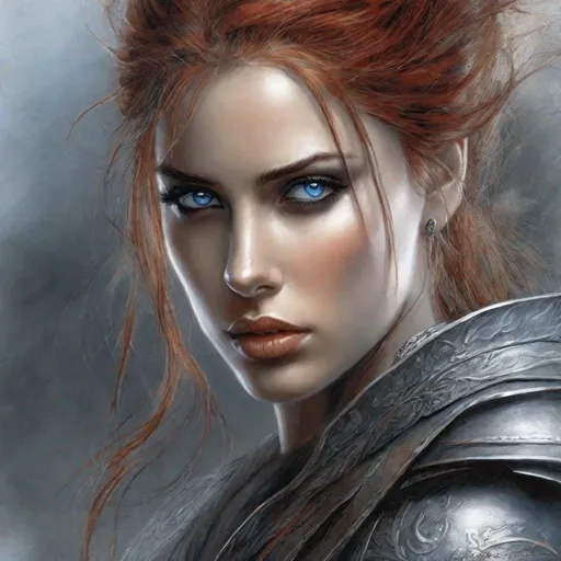 Prompt: digital illustrationWarrior woman dressed in gray, reddish hair, big blue eyes, Expression of hate, By Luis Royo 