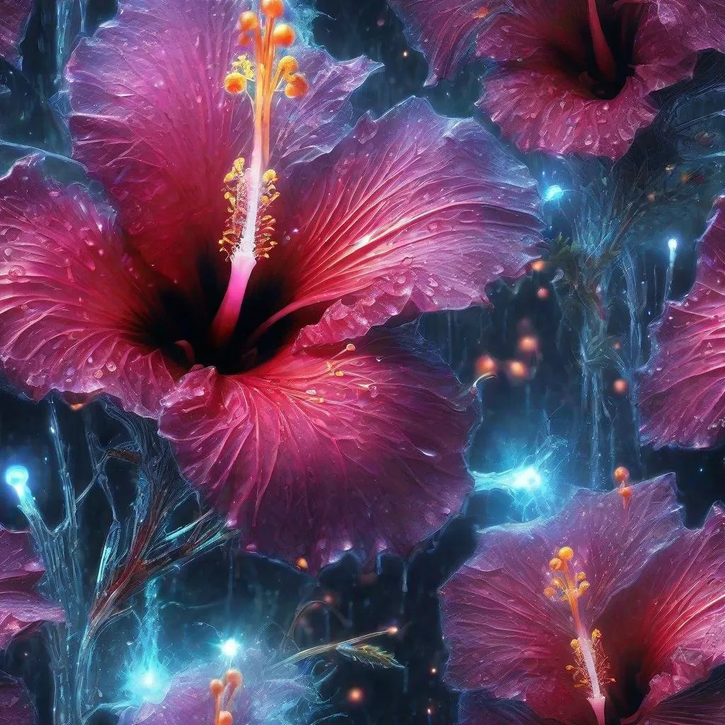 Prompt: Surreal glowing magical plants (Hibiscus ) shooting ghostly flames out of them. Insanely detailed, abstract magical fantasy, dew drops, cosmic, irridescent, bioluminescent glow, sparkles, Tim Burton Carne Griffiths, high detail complexity, splash screen, 64 megapixels, HDR, CGSociety, fantasy photography