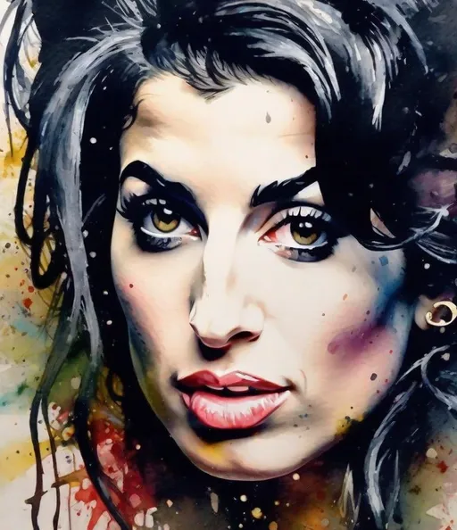 Prompt: A closeup of  Amy Winehousein  Perfect Composition, beautiful watercolor painting on a watercolor paper, splash art, intricately detailed, elegant, detailed, realistic brush strokes, wet brush, wet wash, impressioni