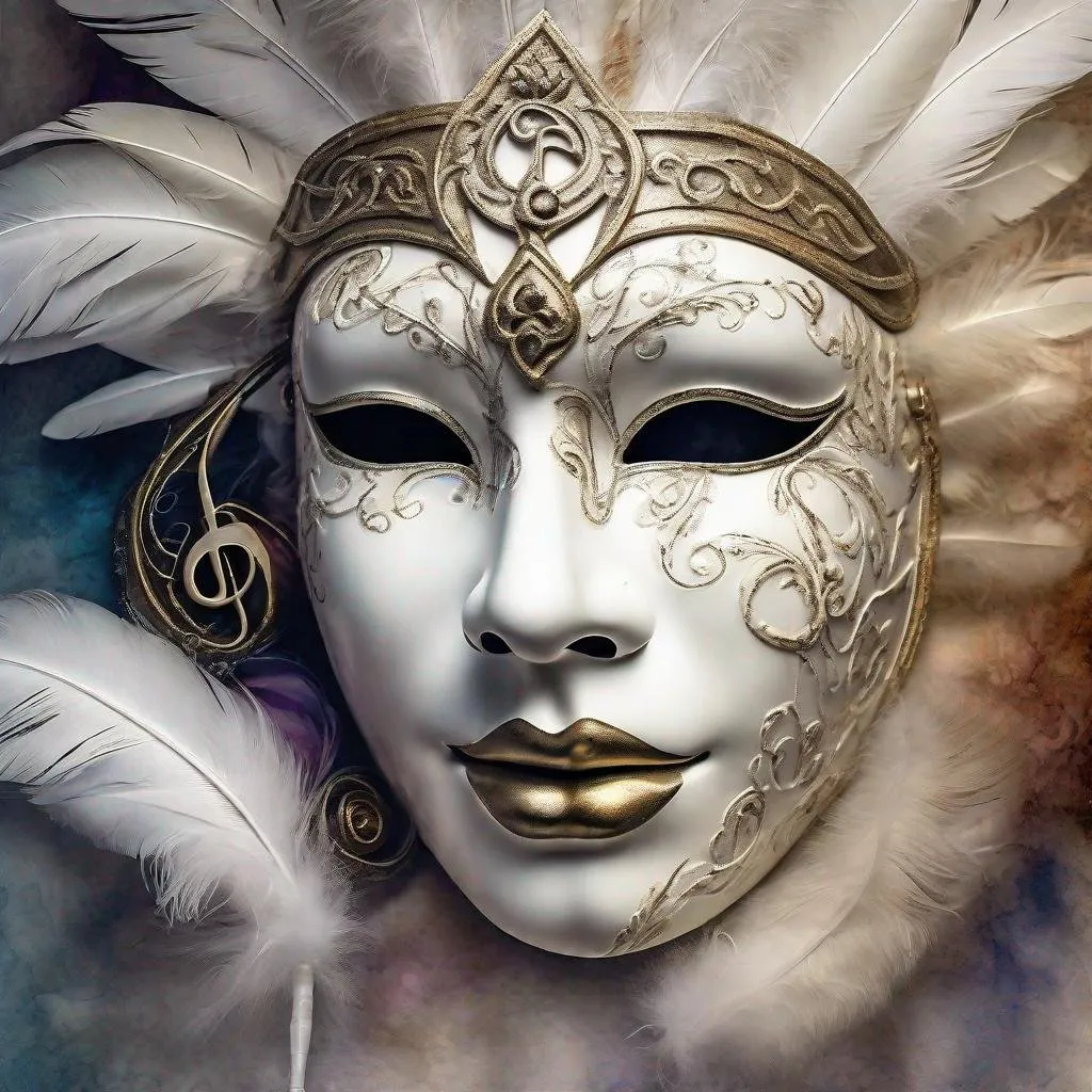 Prompt: Photograph close up of a white Venetian mask, with the treble clef on one cheek and musical notes on its surface.
photography from head to waist of the most beautiful woman you have ever seen. She is Indian adorned with beautiful feathers best quality, atmospheric, ambient lighting, detailed face watercolor, digital watercolor style of Josephine Wall Ferdinand Knabb. sharp and soft cinematic volumetric lighting, floral pastel colors, perfect masterpiece wide shot