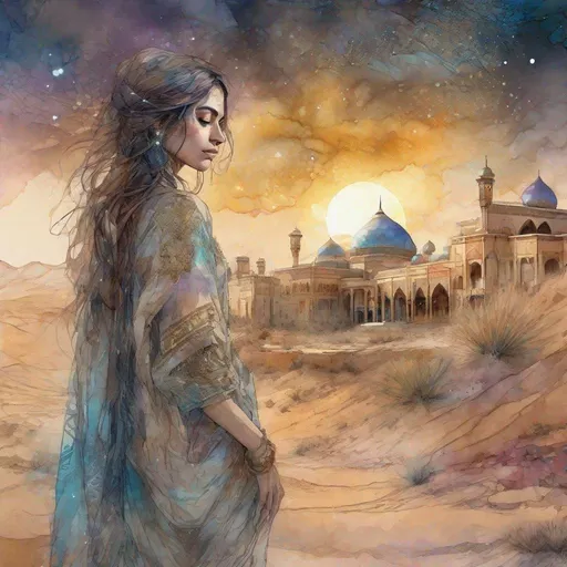 Prompt:  Digital watercolor illustration of a Persian_maiden,  arabian_palace starry_night_desert fantasyscape sunset, , by , Carne Griffiths watercolour art, Intricate, Complex contrast, HDR, olumetric lighting, flowery pastel goldenhour colours,   perfect masterpiece