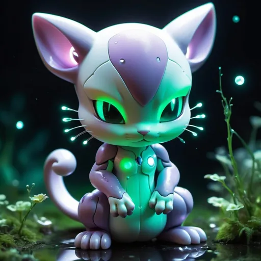 Prompt: intricate adorable cute chibi baby fluffy furry (Mega Mewtwo Y) as constellation on bioluminescent green glow garden, soft lighting, sharp focus, by Marc Simonetti & Yoji Shinkawa & WLOP, paint drops, rough edges, trending on artstation, studio photo, intricate details, highly detailed"