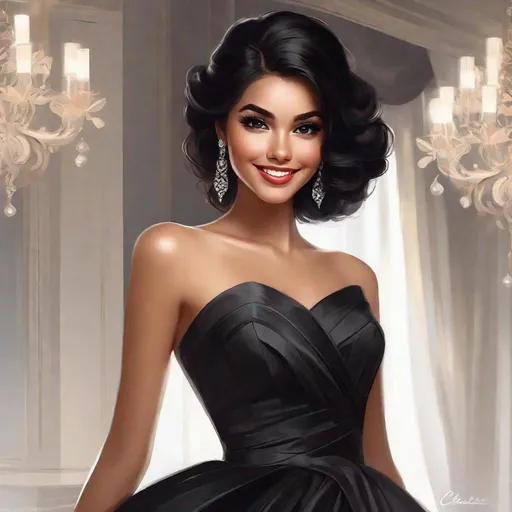 Prompt:  very beautiful 25 year old girl, wearing a cocktail dress colored  black and white   , black hair,  Light brown skin, big eyes beautifully made up, small nose, pale red lips and a beautiful smile of full happiness. Heeled shoes to match the dress art by Charlie Bowater 