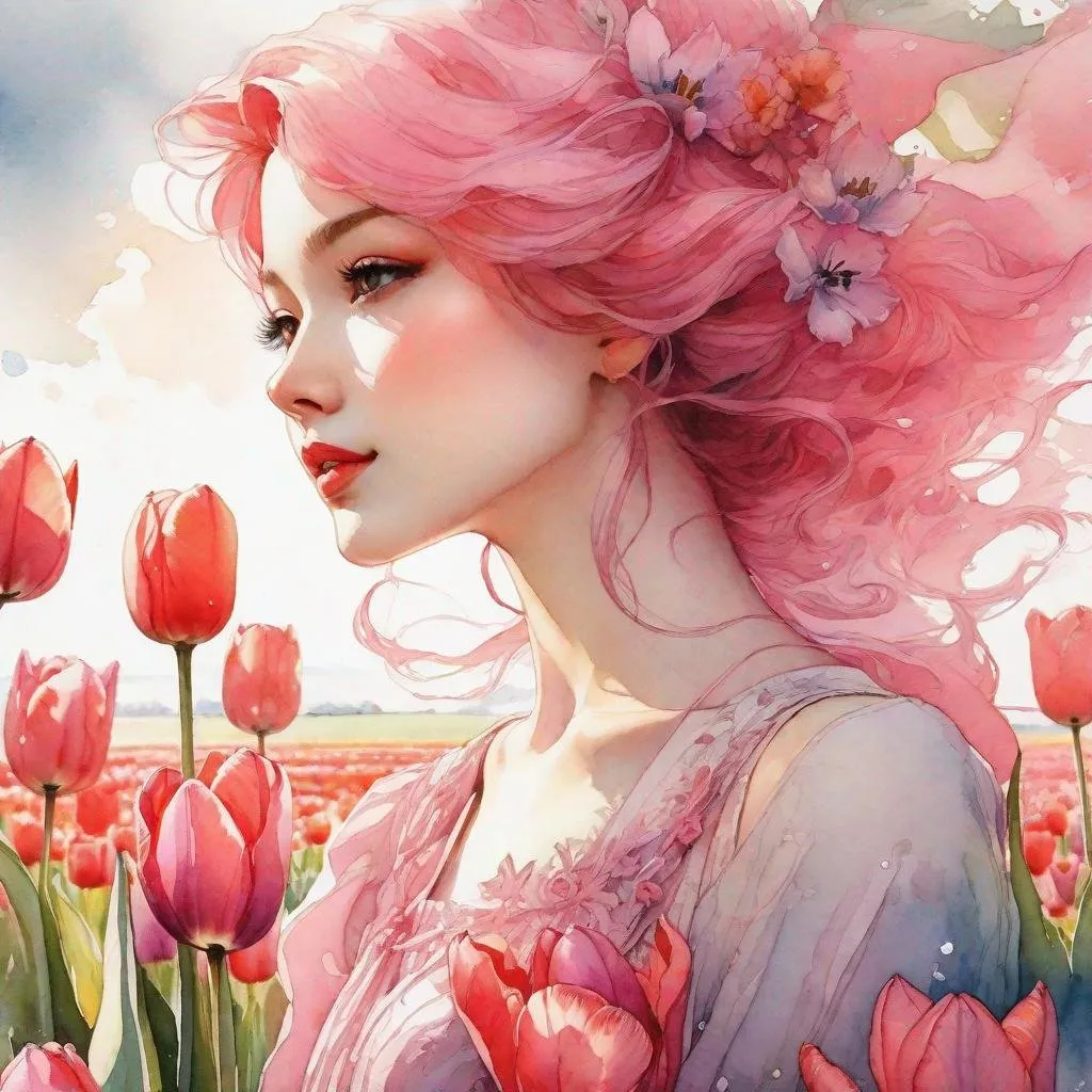 Prompt: watercolor portrait of beautiful tulip fairy pink hair pink dress with colorful tulip flowers, natural light, tulip field", <lora:Macabre:0.8> detailed matte manhwa illustration painting by Kim Jung Gi, Jean Baptiste Monge, Jeremy Mann, Hayao Miyazaki, Kaluta, 8k resolution, masterpiece, trending on artstation, triadic colors, great composition, dynamic lighting, volumetric