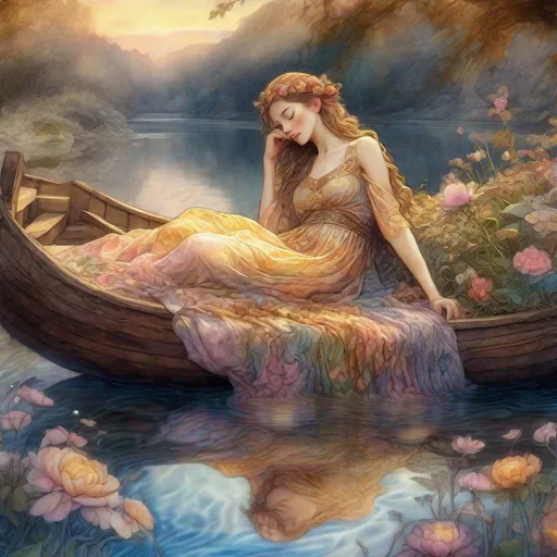 Prompt: Beautiful Digital  lady Sleeping by the river watercolour, fantasycore Illustration, by Waterhouse, Josephine wall, Minjae Lee, Ana Paula Hoppe, Stylised watercolour art, Intricate, Complex contrast, HDR, Sharp, soft Cinematic Volumetric lighting, lush flowery pastel golden hour colours, wide long shot, perfect masterpiece