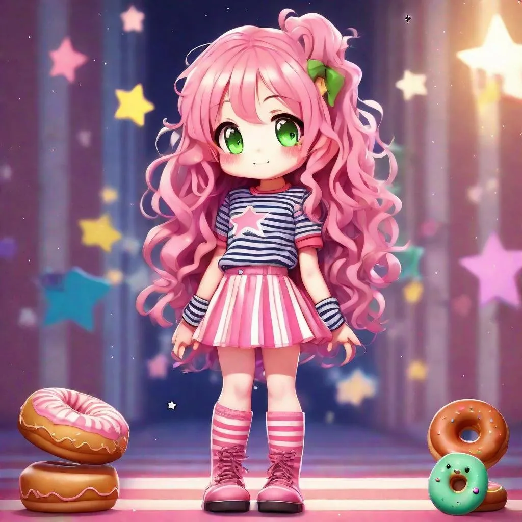 Prompt: Full body shot A beautiful chibi style girl with  long, pink and curly hair, she is happy, she has green eyes, she is smiling, she has a donut in her hand, she is wearing a shirt with a star, a long striped skirt. striped socks and boots, there are colorful stars around her and a square in the background, cinematic, ultra-realistic, white background 💖