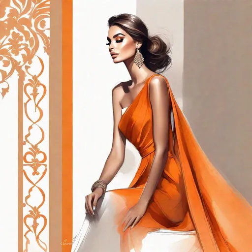 Prompt: Araffe Fashion illustration of a woman in a persian orange dress, Detailed fashion illustration, by Eva Gonzalès, Estilo de Charlie Bowater, Al estilo de Charlie Bowater, Arte conceptual de moda, por Rhea Carmi, Luxury fashion illustration, fashion illustration, vestido fluido, vestido, inspired by Slava Raškaj, vestido hermoso vestido, garbed in a persian orange gown