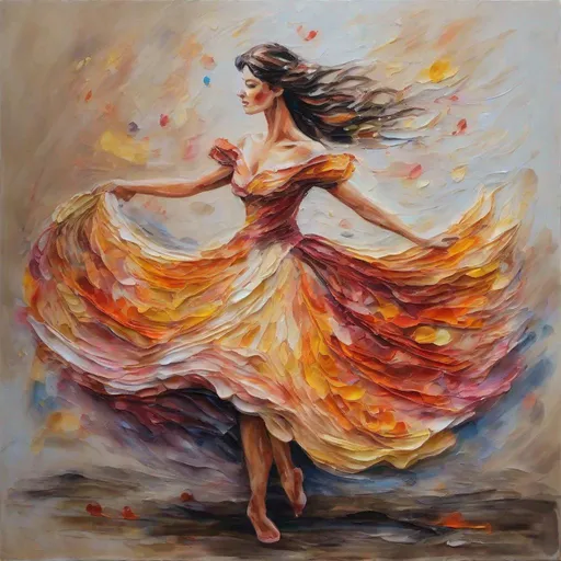 Prompt: a painting of a woman in a dress, dance the night away. dancing gracefully, fantasy oil painting, watercolor
quilling dress  Using the pasted brushstroke. warm colors painting with spatula art by monet and Rembrandt