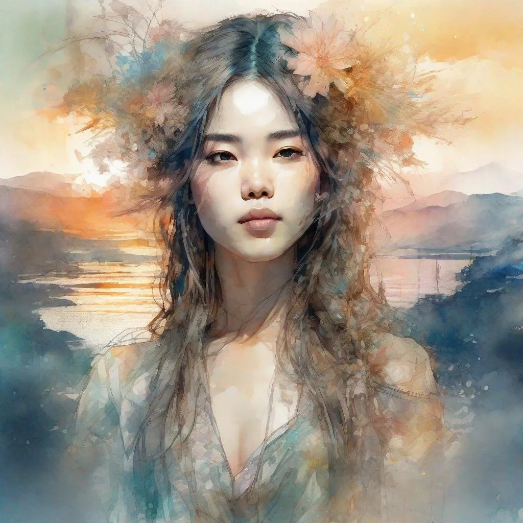 Prompt: apanese princess portrait, Digital watercolor Illustration of a summerscape sunset, by Waterhouse, Carne Griffiths, Minjae Lee, Ana Paula Hoppe, Stylized watercolor art, Intricate, Complex contrast, HDR, Sharp, soft Cinematic Volumetric lighting, flowery pastel colours, wide long shot, perfect masterpiece