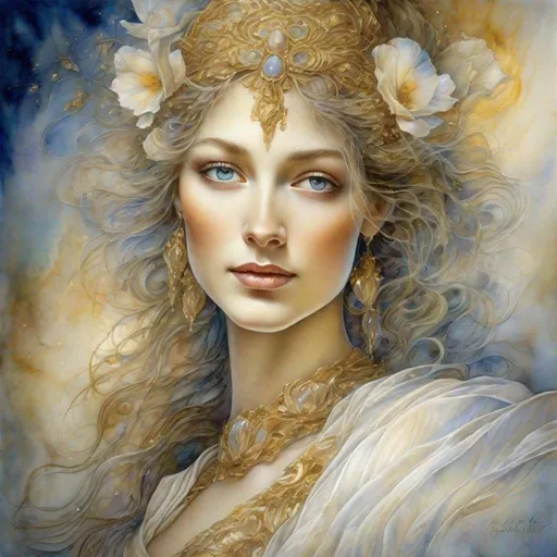 Prompt: the most beautiful woman you have ever seen. She is wearing a stunning white silk dress with gold color.  best quality, atmospheric, ambient lighting, detailed face watercolor, style of Josephine Wall Ferdinand Knabb