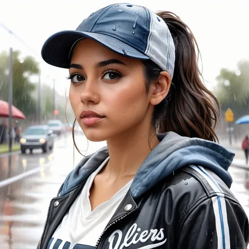 Prompt: A detailed watercolor portrait of a young Latina with black eyes, a messy black ponytail, and a worn baseball cap. She wears a hoodie under a leather jacket, and holds a baseball bat over her shoulder. A minimalist white background with rain stripes accentuates her intense look and adventurous aura. The palette combines earth tones with touches of blue. 3D, ultra detallado, fotorealista, ultrarealista, 32K, 18K, gráficos digitales, HDR, UHDR