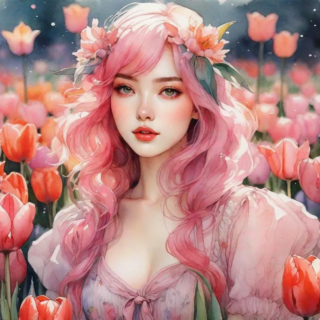 Prompt: watercolor portrait of beautiful tulip fairy pink hair pink dress with colorful tulip flowers, natural light, tulip field", <lora:Macabre:0.8> detailed matte manhwa illustration painting by Kim Jung Gi, Jean Baptiste Monge, Jeremy Mann, Hayao Miyazaki, Kaluta, 8k resolution, masterpiece, trending on artstation, triadic colors, great composition, dynamic lighting, volumetric