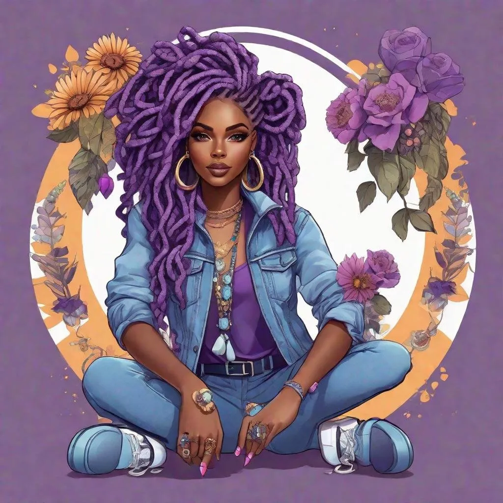 Prompt: kawaii, anime style character design of stunningly beautiful African American woman model with styled locs, with hyper realistic facial features wearing purple and denim with matching jewelry and heels, boss girl influence, hyper realistic, floral flat background