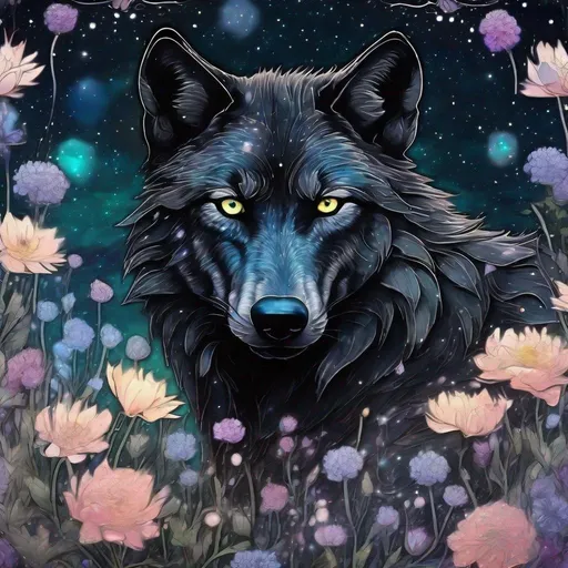 Prompt: A midnight black wolf sitting in a field of flowers, pastel colors, stain glass effect, petals swirling in the air, patterns of constellations cover his fur, neat and clean tangents, in HDR