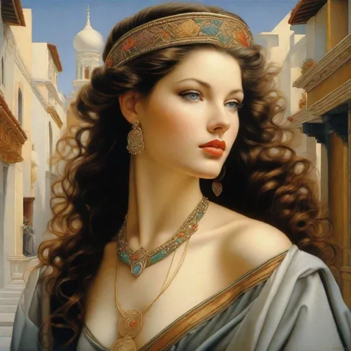 Prompt: realistic,photorealistic,masterpiece,best quality,1girl,solo,(standing in street),looking at viewer,(long hair),(hair ornament),  colorful ,Masterpiece best quality beautifully painted highly detailed highly, detaild, masterpiece  best quality, art by Michael Parkes