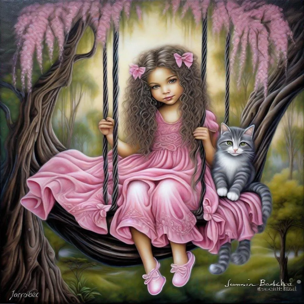 Prompt: Artistic canvas with charcoal of a whimsical girl, with long curly hair, which is held together by a bow, she wears a pink dress with floors, beautiful white shoes, she sits on a swing behind her a flowering willow cat 3D HD style art by Jasmine Becket-Griffith  and  Josephine Wall