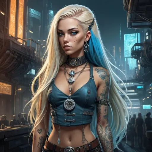 Prompt: An exquisite illustration featuring a captivating female character with half steampunk and half cyberpunk style. She has long, flowing blonde and blue hair, freckles, and a multitude of tattoos. adorning her are intricate jewelry pieces and an alluring barley visable outfit that accentuates her figure. The character seems to be the epitome of badass sexiness. The background is a futuristic, glowing city with a blurry, almost surreal quality, adding to the dark fantasy atmosphere of the scene., illustration, dark fantasy, anime