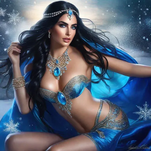 Prompt: Splash art hyperrealistic, Unclad, Emeraude Toubia queen, long brown hair with braids and jewels, mesmerizing eyes, snow, Lustrous, seduction, temptations, irresistible, fantasy. Sharp blue eyes, full body, diaphanous low cut, corseted, clean lines, vibrant color"