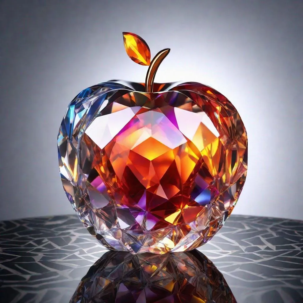 Prompt: Figurine crystal apple, beautiful apple made of ice crystal and flames, crystal render, 8k resolution concept art Hyperdetailed 3d, angular, shine, showing the duality between the elements in a artfully beautiful way, 3D triadic colors, glowing, fire and ice crystals inside crystal apple, delicate flames between crystal"