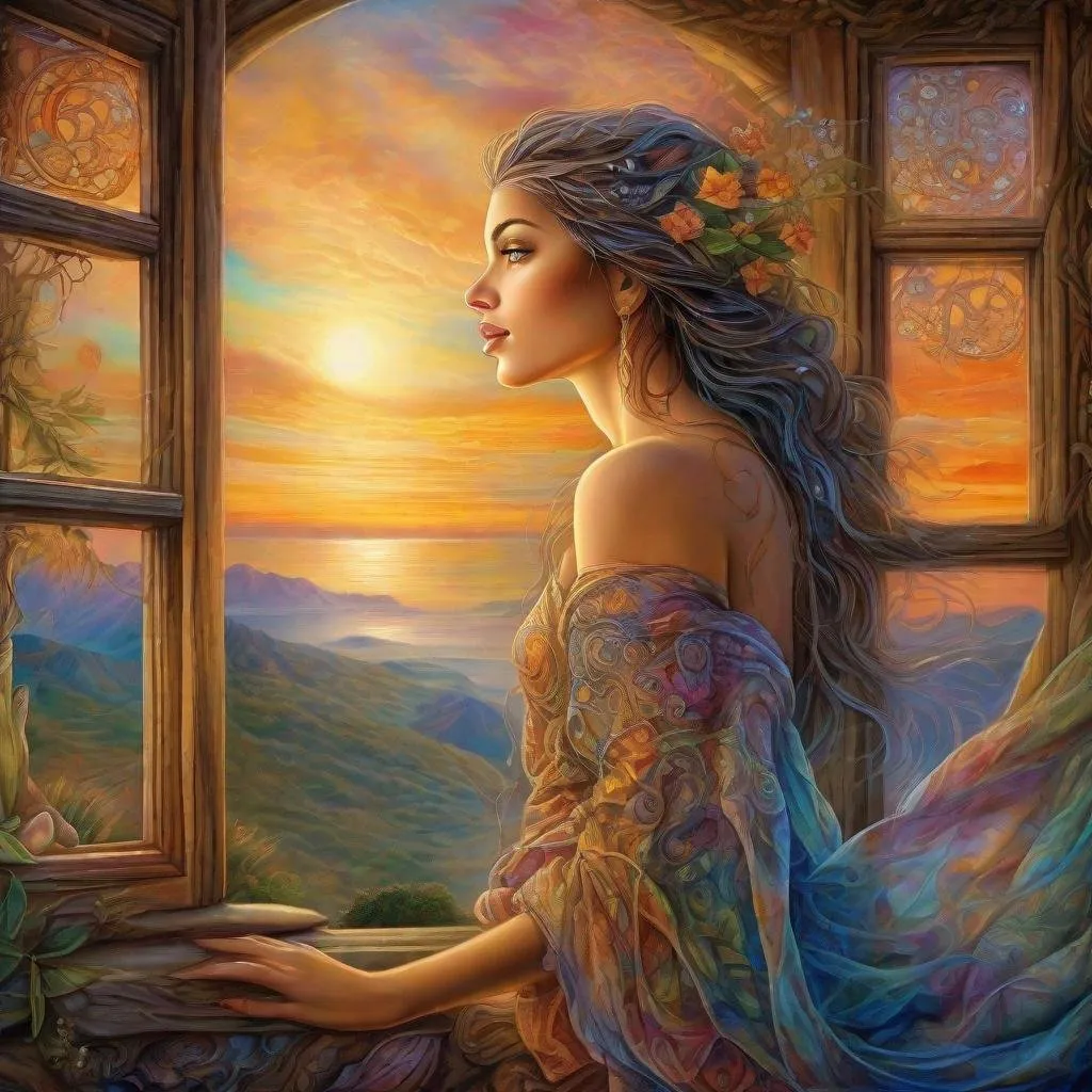 Prompt: a painting of a lovely woman, full color, full body image of a beautiful woman, beautiful and highly detailed face, freedom, soul, digital illustration, approaching perfection, next to a window at sunset, dynamic, highly detailed image , art station, concept art, sharp soft focus,
illustration in the style of  Jasmine Becket-Griffith and Josephine Wall