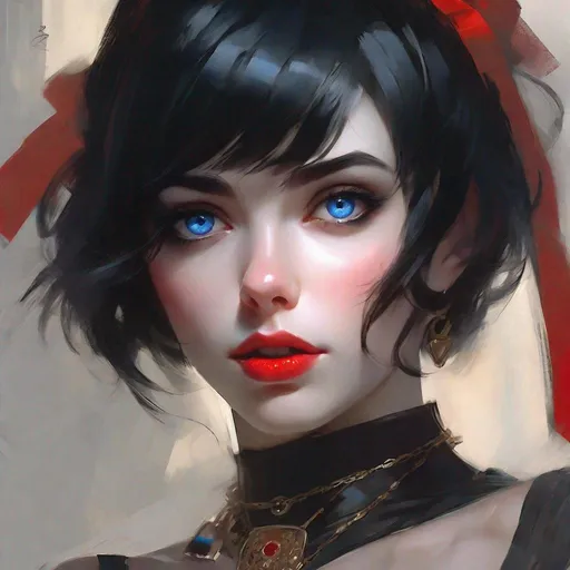 Prompt: a woman big blue eyes. long eyelashes, short black hair, red lips   with a necklace on her neck, artwork in the style of guweiz,  masterpiece, l character painting, detailed  model  artgerm, realistic anime 3 d, art style by Rolf Armstrong , pixiv artstation