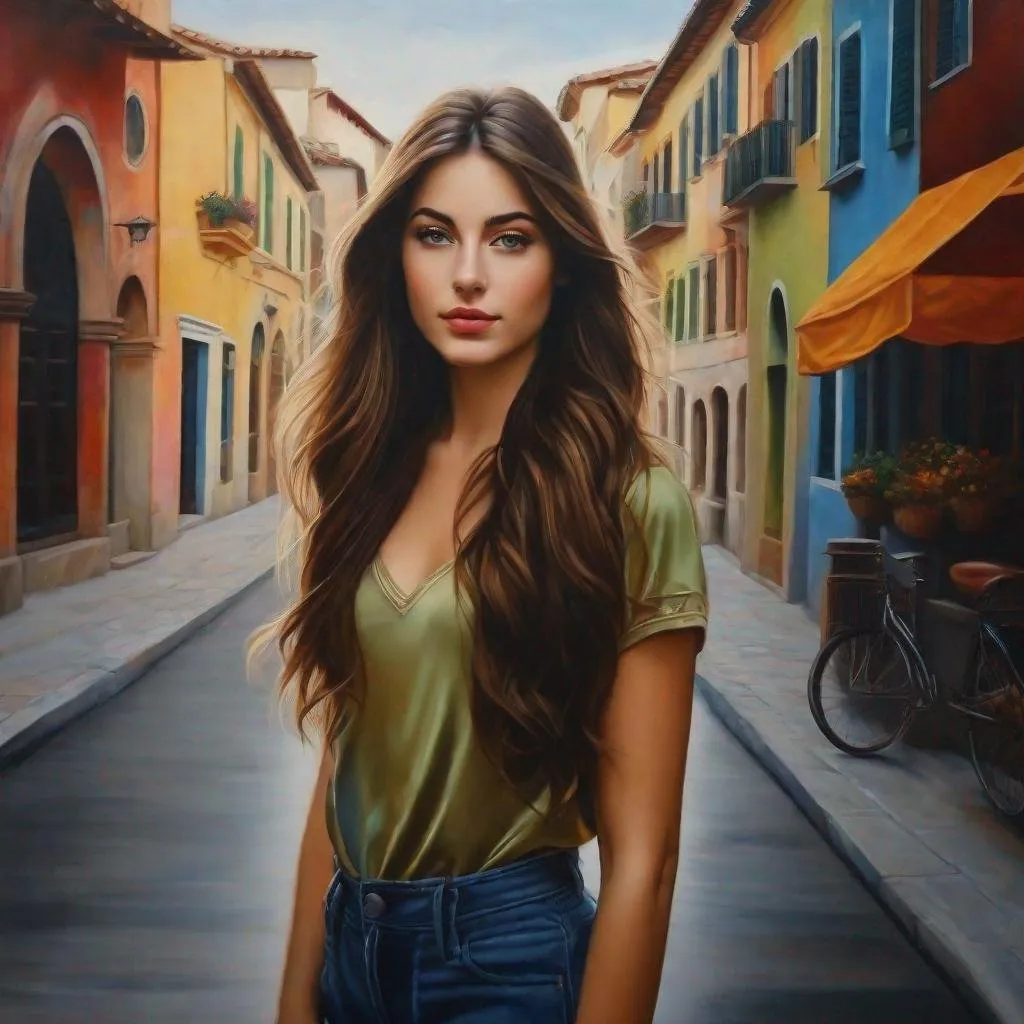 Prompt: realistic,photorealistic,masterpiece,best quality,1girl,solo,(standing in street),looking at viewer,(long hair), colorful ,Masterpiece best quality beautifully painted highly detailed highly, detaild, masterpiece  best quality, art by  Daria Petrilli