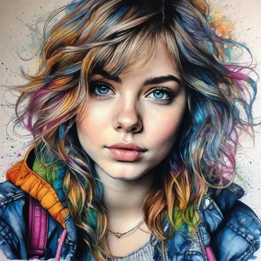 Prompt: (A fantastical coloured ink sketch portrait of a girl with tousled short wavy hair),(detailed eyes and baggy jeans sitting on a city stoop),
((( Hyperrealistic and hyperdetailed elements, impressionistic masterpiece, colour splash and ink splatter techniques, vibrancy and texture,
very cute pencil sketch Pencil and ink Child Pen and ink wash Pencil and pastel sketch Water colour ))),((((32K, 18K, digital graphics, HD, HDR, UHDR ))))  style art by Jasmine Becket-Griffith  Josephine Wall, Charlie 