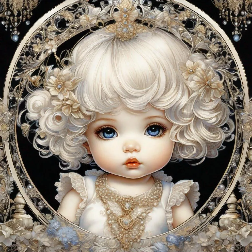 Prompt: an illustration of boy baby doll dressed vintage, in the style of camilla d'errico, realistic detail, ivory, david welker, charming anime characters, limited color range, high detailed, intricate detail, higly detailed eyes, black background --