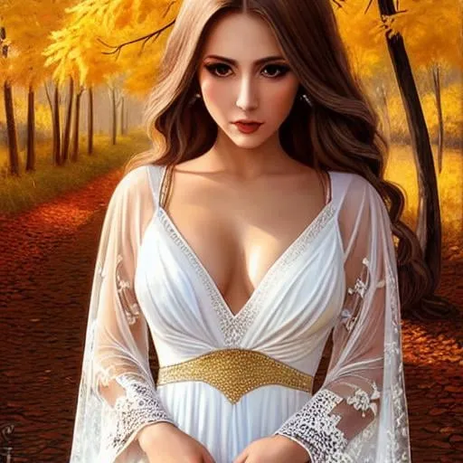 Prompt: Hyperrealism, Oil Painting, autumn landscape, Caucasian woman, beautiful well-defined face, big eyes, sensual lips, light white dress with lace and golden woven ornaments, symmetrical wavy defined brown hair, full body, mythical, elegant dress, volumetric lighting, from Anne Stokes and Noriyoshi Ohrai