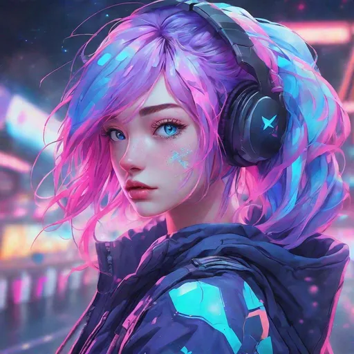 Prompt: Masterpiece, best quality, ultra detailed, extremely detailed, sharp focus, 1 girl, pastel galaxy purple hair, blue eyes, neon blue mix pink outfit,Cyber, Abstract,starrystarscloudcolorful,add_detail:1, add_detail:0, add_detail:0.5