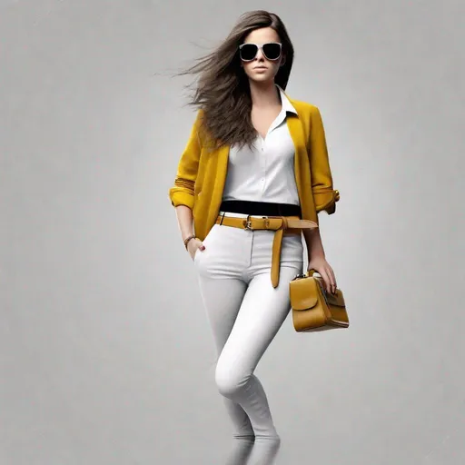 Prompt: Foto realista Full Body Shot, beautiful girl with beautiful eyes, standing with white ankle-length pants, a tight white shirt, mustard yellow belt and a rectangular bag of the same color, brown hair, black sunglasses, ((with black shoes )),(Isolated white background), ( 3D, ultra detail, photorealistic, ultra realistic, 32K, 18K, Digital Graphics, HD, HDR, UHDR))