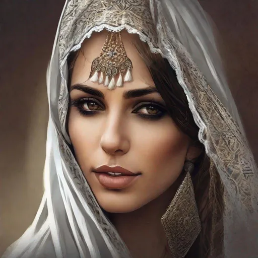 Prompt: A close-up of a woman with a veil on her head, Detailed beautiful face, Arabian beauty, A beautiful gypsy woman Gorgeous digital art, 