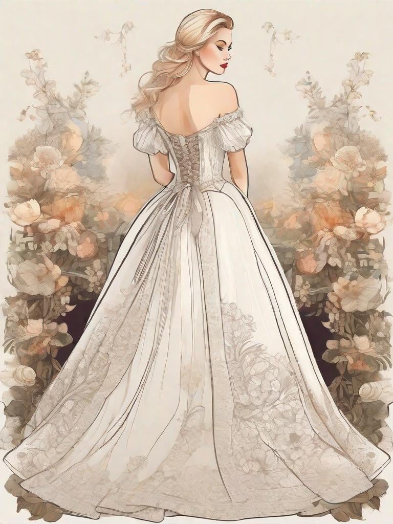 Prompt: Full body image of girl with Blonde  wearing romantic white dress with corset, long skirt with flowers, vintage style, hyper-detailed  designer line drawing, digital illustration, an illustrative masterpiece beautiful and aesthetically pleasing