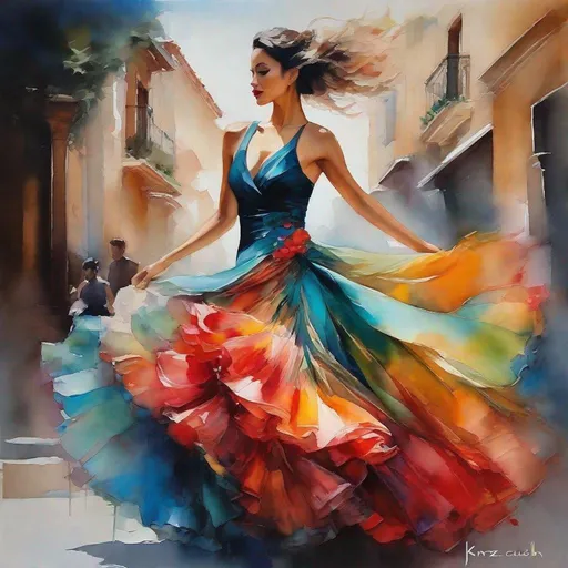 Prompt: Flamenco Dancing
fantasy oil painting, watercolor silk chiffon layered dress Using the pasted brushstroke cool colors art by Krenz Cushart