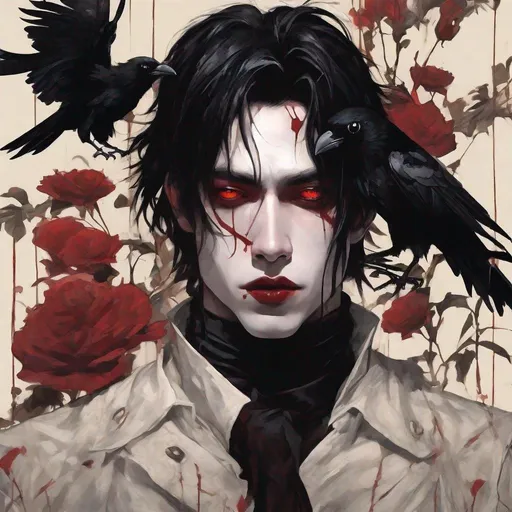 Prompt: gothic wallpaper, deep red flowers, young man's face, light brown skin, disheveled black hair with strands over his face, red eyes, black makeup, with a black vertical line that runs from the middle of his forehead to below the eyes. Black painted lips One(1) crow standing on her shoulder with its beak open (crow movie 1994) photorealistic, ultrarealistic, 32K, 18K, digital, HD,