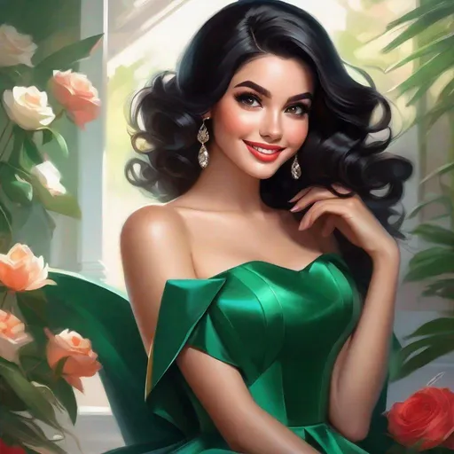 Prompt:  very beautiful 25 year old girl, wearing a cocktail dress colored esmerald green , black hair,  Light brown skin, big eyes beautifully made up, small nose, pale red lips and a beautiful smile of full happiness. Heeled shoes to match the dress art by Artgerm