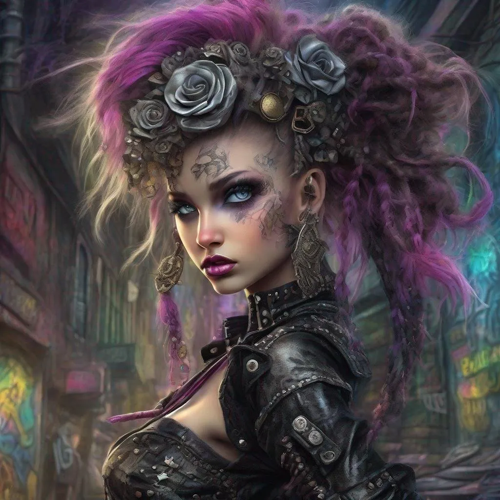 Prompt: Full body shot, punk fashion, young Caucasian female, high heels, expressive eyes  dark makeup, dramatic lighting, ultra-detailed clothing textures, UHD photo, clear quality, high fidelity, trending on Artstation"  art style by Josephine Wall and Jasmine Becket-Griffith