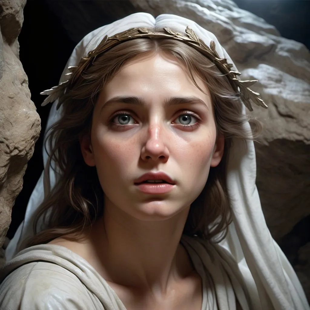 Prompt: Hyperrealistic, photorealistic, At night, highly detailed, sharp details, scene from 30 AD,
  An angel with a beautiful face is on the path before the cave in the stone
The angel said to the women: —Do not be afraid; I know that you seek Jesus, the one who was crucified. He is not here, for he has risen, just as he said. Come see the place where they put it.
  close view, a white fog, historical realism, intense, spectacular lighting, high resolution, detailed landscape, realistic textures, realistic atmosphere, illustration