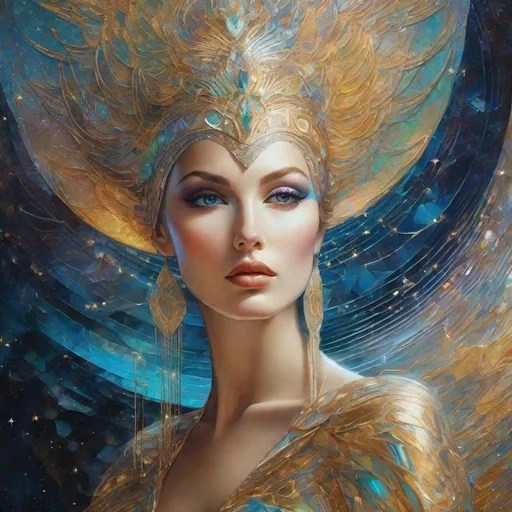 Prompt:  algorithm, cosmic mother
Resolution holographic astral cosmic details glitter, illustration mixed media  Cubism style art by Annick Bouvattier and Karol Bak