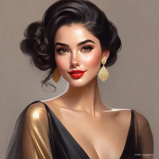 Prompt:  very beautiful 25 year old girl, wearing a cocktail dress colored gold, black hair, gathered in a bun, with some loose hair that frame her face. Light brown skin, big eyes beautifully made up, small nose, pale red lips and a beautiful smile of full happiness. Heeled shoes to match the dress art by Artgerm