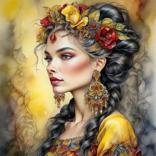 Prompt: beautiful woman, hair pinned up, yellow red black dress, earrings, Watercolor, trending on artstation, sharp focus, studio photo, intricate details, highly detailed, by  Josephine Wall and Jasmine Becket-Griffith