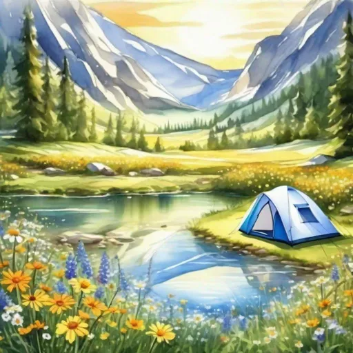 Prompt: Camping tent at The Perfect Camping Spot, Digital watercolor Illustration, beautiful flower meadow fantasy, mountain river wildflowers butterflies in the morning light, by JB, Waterhouse, Carne Griffiths, Minjae Lee, Ana Paula Hoppe, Stylized watercolor art, Intricate, Complex contrast, HDR, Sharp, soft Cinematic Volumetric lighting, flowery pastel colours, wide long shot, perfect